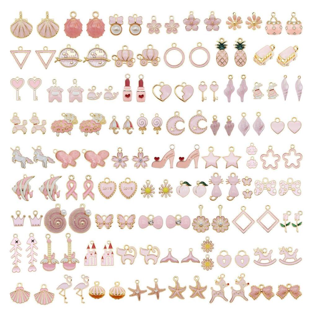7564 60Pcs 30 Pairs Mixed Enamel Pink Theme Charms Pendants for Jewelry